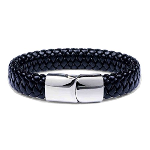 Titanium Steel Leather Bracelet for both Men and Women (21cm, Black)