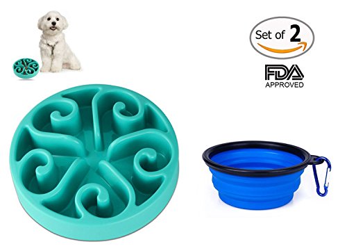 Motionjoy® 8.1 pulgadas Anti-tragando Cuenco con Comedero para Mascotas Bebedero Portatil de Viaje Plegable Cuenco del Perro & gato - FDA Aprobado (Azul)
