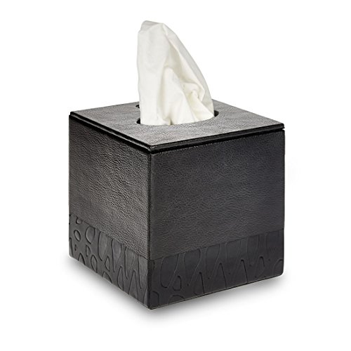 The London Homeware Company Bartley – Modern Black Cube Faux Leather Tissue Box Cover with Embossing - Suitable for Home | Hotels | Receptions | Spa | Guesthouses