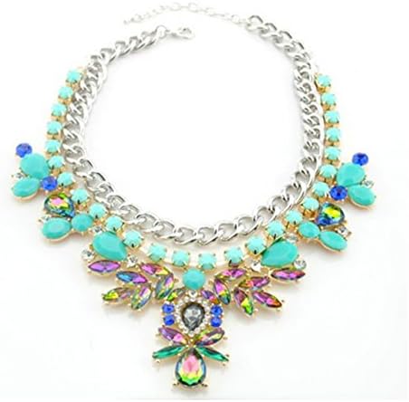 Turqouise Blue Double Chunky Chain With Crystals Statement Necklace