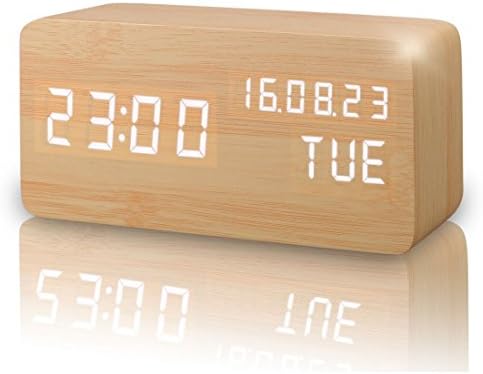SUNZEALLY Alarm Clock Displays Time Date Week and Temperature Cube Wooden Shaped Sound Control Desk LED Alarm Clock