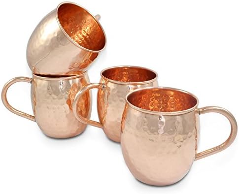 Moscow Mule Copper Mugs: Set of Four Cup - 100% Copper Accessories - Handmade Barrel Style Drinking Mug with Hammered Effect - The Perfect Kitchen Present for Men &amp; Women