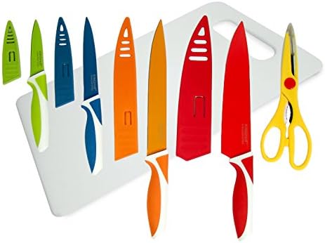 Premium Quality 6 Piece Set: Coloured Kitchen Knife Set with Protective Caps+ Kitchen Shears/ Scissors+ Chopping Board- Perfect for Meats, Fish, Vegetables, Fruits, Cheese and many others