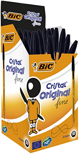 BIC Cristal Original Stylos-Bille Pointe Fine (0,8 mm) - Noir, Boîte de 50
