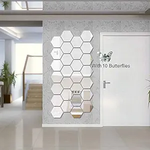 Atulya Arts 3D Hexagon Acrylic Decorative Wall-Stickers with 10 Butterfly Stickers (Silver) - Pack of 28