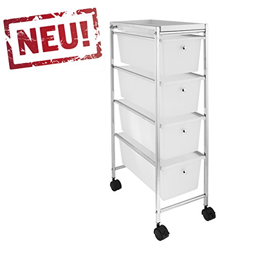 Preisvergleich Produktbild Rollbares Badregal Küchenregal Badtrolley Rollwagen Schubladenwagen Rollcontainer aus Metall Chrom - mit 4 Schubkästen Schubladen aus Kunststoff