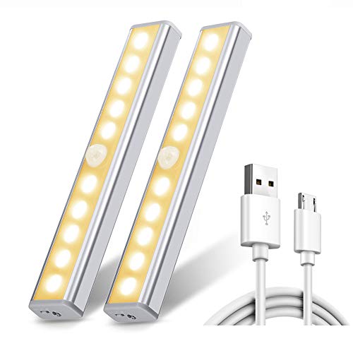 Cupboard Light, [2PCS Warm White] Wardrobe Light, Chesbung Upgraded USB Rechargeable 10 LED Cupboard Light, 3 Modes PIR Floodlight with Stick-on Magnetic Strip and 3M Adhesive for Cabinet Closet