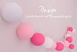 Handgearbeitete Lichterkette ‚Mädchenzimmer‘ mit 20 Kugeln aus Baumwolle – Cotton Ball Lights in weiß – rosa – pink, innen - 2