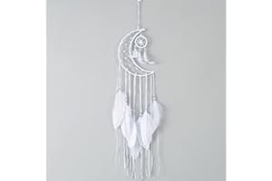 DEGY Dreamcatcher, Vintage Home Decor Capteur de Rêves, Tapisserie Murale Lune Attrape-rêves Tricoté en Coton avec Glands Décorations, Attrape-rêves avec Plumes, Ornement Suspendue Chambre(Blanc)