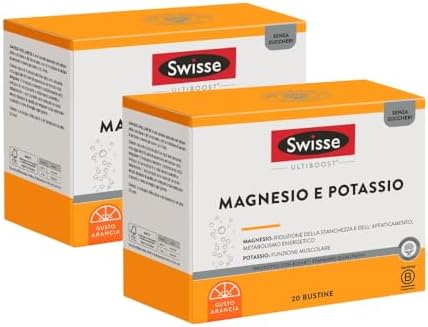 SWISSE Magnesio e Potassio- Integratore Potassio e Magnesio in Polvere Donna e Uomo con Sali Minerali, Integratori Stanchezza Affaticamento e Funzione Muscolare, 40 Bustine Gusto Arancia Made in Italy