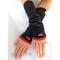 Armstulpen, lang - schwarz, Borte rot mit Rose