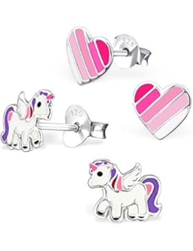 GH1a 2 PAAR Einhorn + Rosa Herz SET Ohrstecker 925 Echt Silber Mädchen Kinder Ohrringe Rosa, Pink, Weiß, Pegasus...