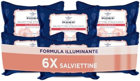 Acqua alle Rose, Salviettine Struccanti Illuminanti per Pelli Spente e Opache, con Vitamina C di Rosa Canina Energizzante, Azione Struccante su Viso, Occhi e Labbra, 6 Confezioni da 20 Salviettine