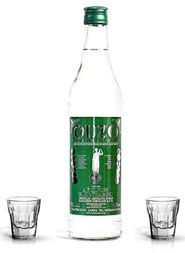 Premium Ouzo mit gläsern | OUZO GESCHENK SET | Anis likör aus Griechenland | Anis schnaps | mild | Geschenk Set | 2x Original Ouzo Gläser | USO | UZO | 1x 700ml Glas Flasche