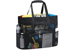 LIVACASA Siatka duża torba plażowa tote zamek błyskawiczny 60 x 40 cm z kieszeniami torba na ramię torba plażowa wielofunkcyjna składana podróż lato wakacje na zewnątrz piknik wycieczka, Czarny, 26.3''(L)x16.9''(W), Torby