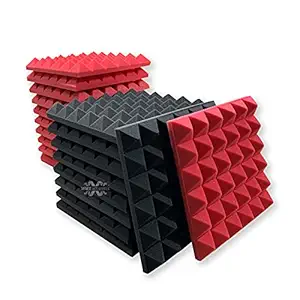 MMT ACOUSTIX  Soundproofing Pyramid Acoustic Foam Panels | High Density Sound Absorber | 18 Pieces of 1x1 Feet 2 Thick | Black + Red