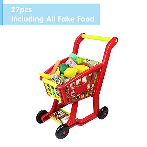 Nuheby Carrito de Compra Infantil Supermercado de Juguetes con Frutas Vegetales y Alimentos Falsos Juguete de 