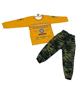 Febro Soft Cotton Long Sleeves Printed hoseiry t-Shirt Jeans (Stretchable),Cotton Pants(Trouser) for Your Little Ones from New Born to 14-15 Years (6203 fauji Mustard, 9 Months-12 Months)