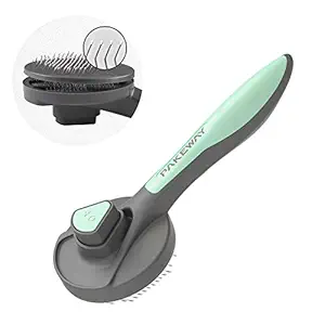 PAKEWAY Cat Brush for Shedding and Grooming, Pet Self Cleaning Brush, Remove Hair with One Clinck,Wire Brush-Green