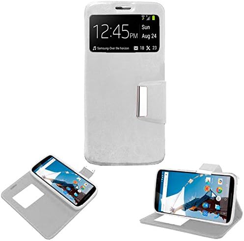 donkeyphone 599371031 – Flip Cover White for Google Nexus 6 Case with Window, Cap, Opening Book, Closure with Magnet and Stand