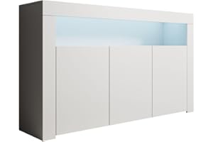 MB Muebles Bonitos, Aparador Aker con Luz LED y 3 Puertas para Salón Comedor, Mueble TV de Melamina Mate, Color Blanco, 155x91,5x37 cm