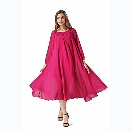 Women's Long Sleeve Chiffon Maxi Dress With Belt | Loose Fit Crew Neck Long Dress - Wine & Lavender - View #2