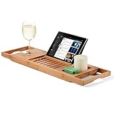 Bamboo Luxury Bathtub Caddy Tray with Extending Sides, Book and Wine Holder - Bath Wooden Tray. By Bambusi