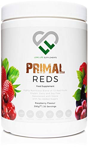 LLS Primal Reds | Vasca da 390 g / Porzioni da 30 x 13 g | Una miscela in polvere di super frutti rossi nutrienti | Perfetto per energizzante, disintossicante, supporto immunitario e aumento del profilo nutrizionale giornaliero | Senza glutine, latticini, soia e grano gratis | Adatto per vegetariani e vegani | Sapore naturale di lampone con Stevia | Prodotto nel Regno Unito con licenza GMP