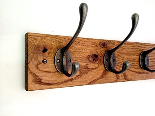 FOWLERS HANDMADE - RUSTIC SOLID OAK WOODEN COAT RACK with 4 NATURAL POLISHED CAST IRON COAT HOOKS. (4 HOOK)