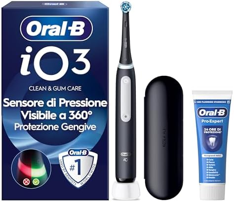 Oral-B iO 3 Spazzolino Elettrico Ricaricabile, con 1 Testina di Ricambio, Nero - 1 Testine di Ricambio per Spazzolino Elettrico, Custodia da Viaggio + 1 Dentifricio Pro Expert, Pulizia Denti Efficace
