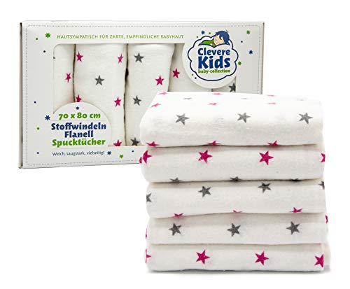 ClevereKids | Moltontücher Flanellwindeln Spucktücher | 5er-Pack Geschenkset | 75 x 80 | Tiere und Sterne | OEKO-TEX | Kuschelqualität (Pink-Grey-Star)