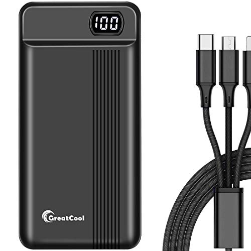 GreatCool Power Bank 20000mAh Caricatore Portatile Caricabatterie Compatto Batteria capacità Esterna Battery Pack con Cavo 3 in 1 e Display LED per Apple iPhone XS Max XR X 8 7 6 iPad Samsung Huawei