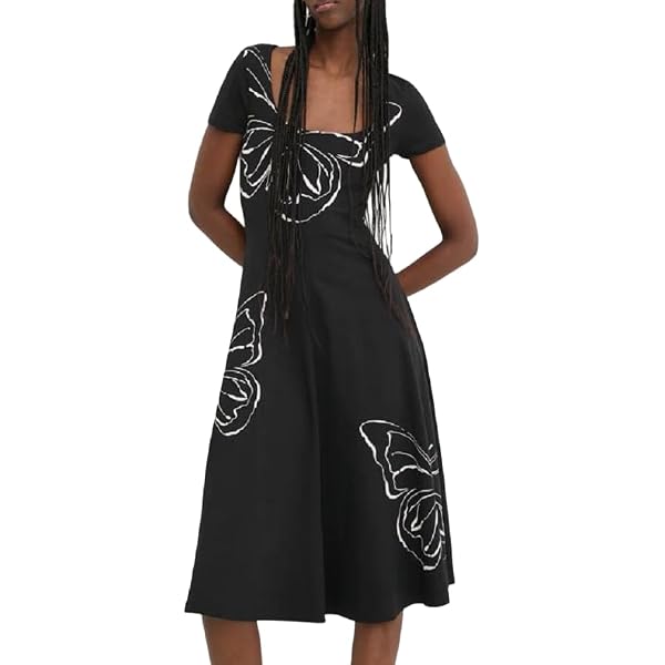 Desigual Women's Samantha Casual Dress - Black & White Geometric Print, V-Neck A-Line Skater Dress