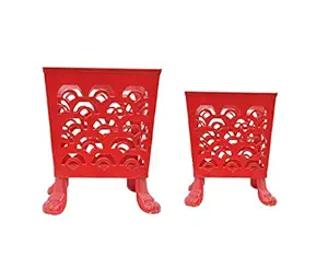 Lal Haveli Iron Planter Pot Stand for Home Decor, Office, Garden, Balcony Decor, Kitchen (Set of 2 pcs, RED)