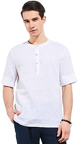 UAISI Men Short Sleeve Linen Shirt Casual Button Down Embroidery Shirt