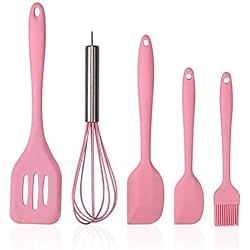SIPLIV Ensemble d'ustensiles de Cuisine en Silicone 5pcs - spatules de Cuisine antiadhésives Brosse ustensiles de Cuisine Ensemble d'ustensiles de Cuisine Maison, Rose