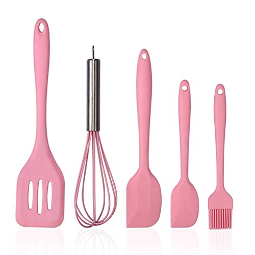 SIPLIV Ensemble d'ustensiles de Cuisine en Silicone 5pcs - spatules de Cuisine antiadhésives Brosse ustensiles de Cuisine Ensemble d'ustensiles de Cuisine Maison, Rose