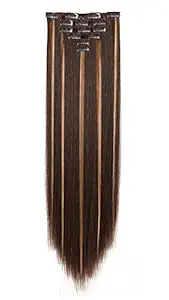 Majik Straight Hair Extensions For Women In Clip 6 Pcs With Hair Bun Maker Tool Golden Highlighting 70 Gram Pack Of 1