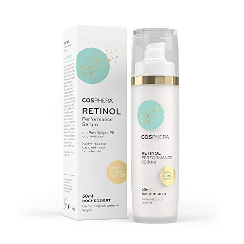 Cosphera - Retinol Performance Serum 50 ml - mit Hyaluronsäure - veganes hochdosiertes Konzentrat Gel für Gesicht, Hals- Anti-Falten Feuchtigkeitsbehandlung für Frauen und Männer