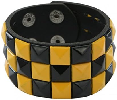 3 Row Black And Yellow Pyramid Stud Wristband/Wrist Band