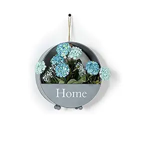 The Round Grey Metal Wall Planter, Dedoot Wall Mounted Flower Basket Planter with Rope Vintage Wall Hanging Flower Pot Stand Plant Holder Home Decor