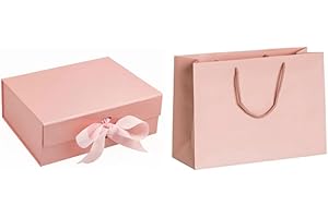 FUN FLORAL FUSIONS Magnetic Gift Box, Large Premium Gift Box, Box and Ribbon for Gifts, Presents, Weddings, Party, Birthday, Size 31 x 22 x 10cm COME WITH MATCHING GIFT BAG. (Pink)