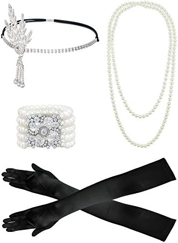 1920s Accessories Set Flapper Headpiece Charleston Fancy Dress Accessories -1920s Flapper Headband Pearl Necklace Satin Gloves