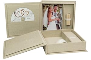 ELEGANTDISK Scatola porta CD/USB per matrimonio con scatola per foto. Tessuto di lino naturale.