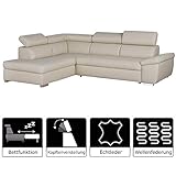Hochwertig verarbeitete Eckcouch mit Bettfunktion und Kopfteilverstellung fürs Wohnzimmer im modernen Design aus Echtleder und Kunstleder