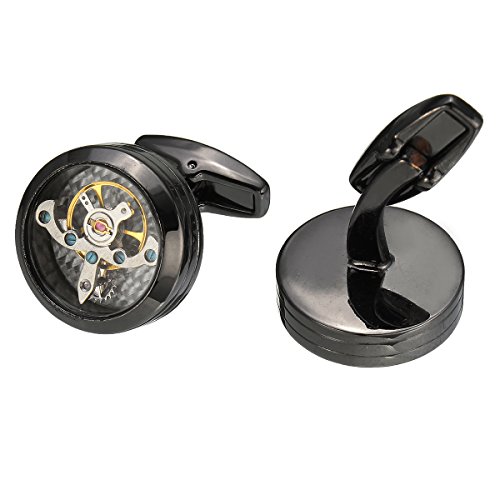 Baban Manschettenknöpfe Ein Paal Rund Cufflinks Vintage Steampunk Stil Double Lines auf der Seite Ideal Geschenk für Männer Gun-Black - 5
