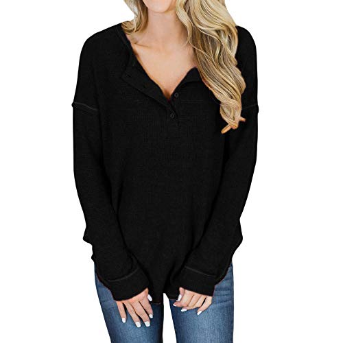 Preisvergleich Produktbild JUSTSELL Langarmshirts Pullover für Damen Herbst Winter,Frauen Einfarbig Sweatshirt Rundhalsausschnitt Pullover Strickwaren Sweatshirt Button-down Bluse Patchwork Tops