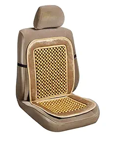 Detachi VW1 Wooden Velvet Border Bead Seat with Anti-Slip Accupressure Design for Car Seat & 1Pcs (Beige Colour)