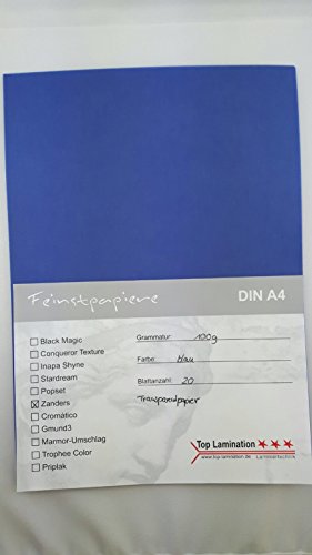 20 Blatt DIN A4 Transparentpapier Zanders Spectral blau 100g/m² exzellente Durchsicht, sehr gute Qualität, mögliche Verwendung: Einladungen, Visitenkarten, Einlegeblätter für Alben, Fotoalben, Fensterbilder, Bastelarbeiten und vieles mehr