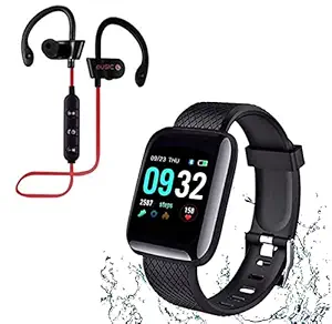 TechKing (TODAY ONLY OFFER-10 YEARS WARRANTY) Waterproof D116 Smart Watch Touch Men Women Daily Activity Tracker Fitness Tracker Blood Pressure Heart Rate Monitor for Girls & Boys with M1 Wireless Bluetooth Headset Hand-Free Calling, Sweatproof